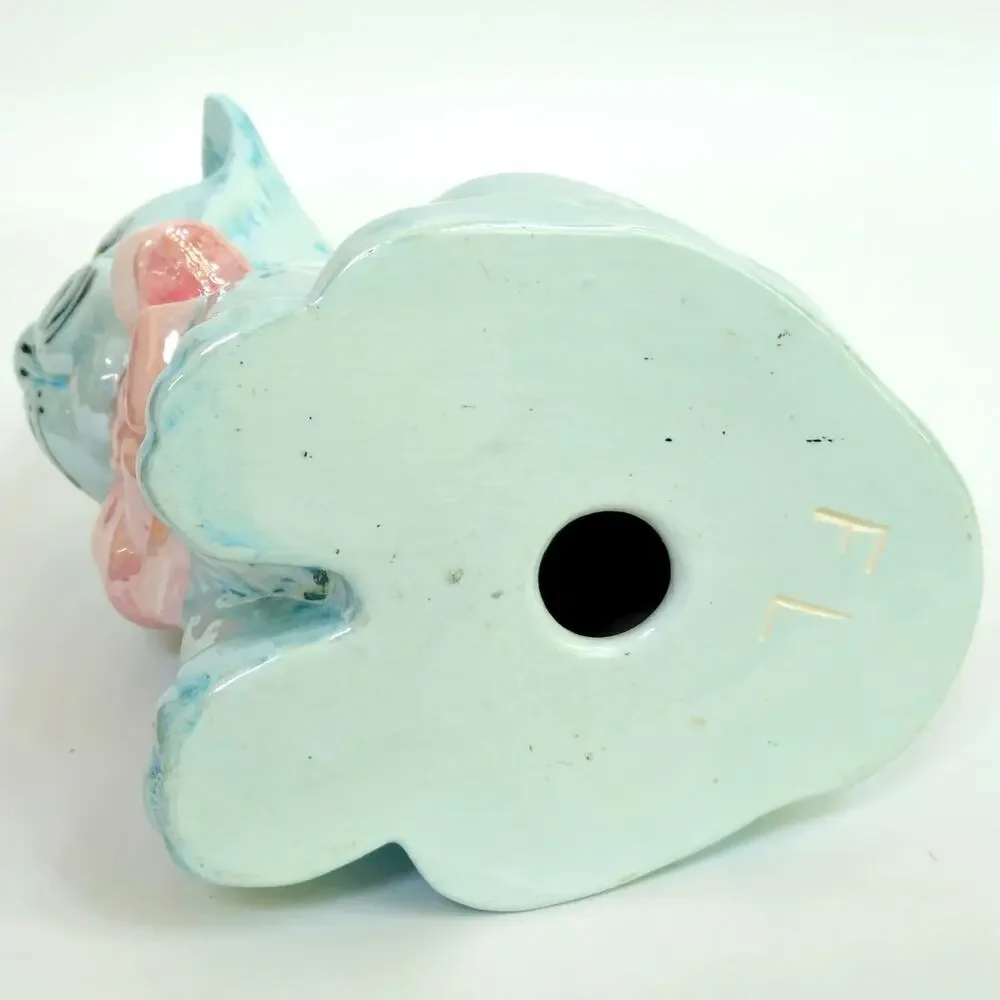 Vintage Iridescent Blue Ceramic Cat Figurine Pink Bow | Whimsical Mid-Century